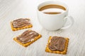 ÃÂ¡rackers with chocolate-dairy paste, cup of coffee with milk on wooden table